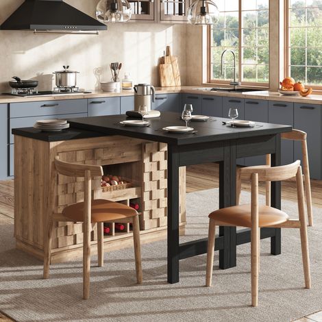 Îlot de cuisine multifonction 120-197x40x74,2 cm, plateau extensible pivot 360°, meuble d'appoint avec tiroirs et casier à vin amovible, MDF, chêne (1/5)