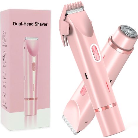 Tondeuse bikini 2 en 1 pour femme - Double tête - Rasoir électrique pour femme - Poils pubiens IPX7 - Étanche - Bikini - Bras aisselles - Jambe - Visage - Corps - Rose (1/5)