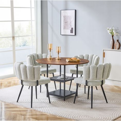 Conjunto mesa redonda 107x75 cm y 4 sillas, MDF nogal y metal beige – MEUBLIV (1/5)