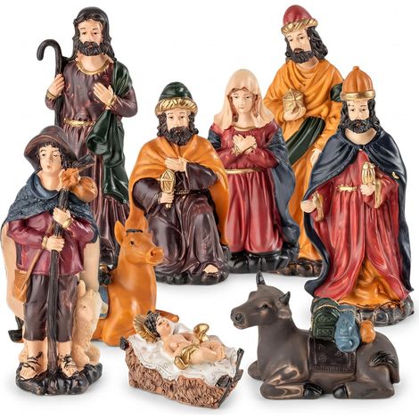 Weihnachts Krippenfiguren Set 9-teilig aus Polyresin - 16 cm - Kunststein Weihnachtskrippe Figuren 9 Stück detailgetreu handbemalt