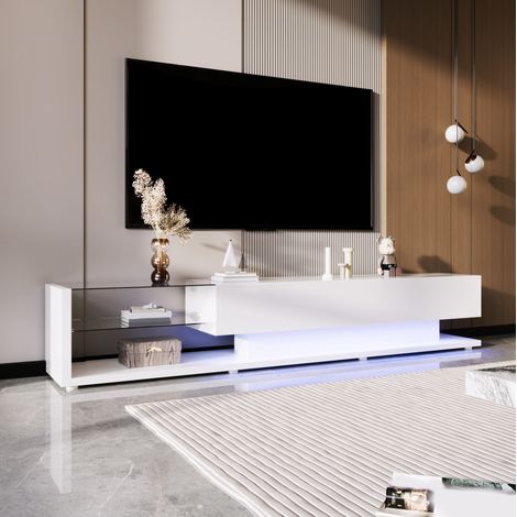 Mobile TV 170x36x38 cm bianco lucido in truciolato con 2 cassetti, 2 ripiani in vetro e LED (1/4)