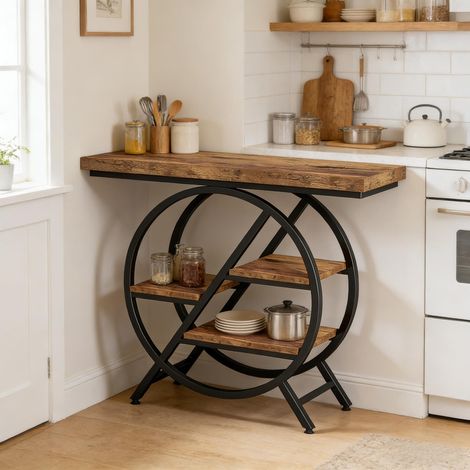 Table console 4 niveaux avec rangement, table d'appoint étroite style industriel, bois brun et métal
