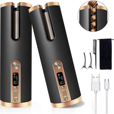 1 articl Fer à Friser Automatique Sans Fil, Fer à Friser sans Fil Portables avec Écran LCD, Bigoudi Rechargeable par USB, Température Réglable, Boucleur Céramique Chauffage Rapide, Anti-brûlure