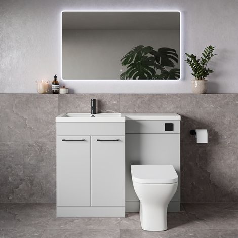 Napoli 390 Gloss Grey Pearl 1100mm 2 Door Vanity Unit Toilet Suite with Square Left Hand Lucia Basin - 1100mm - Matt Black 160mm HandleWith Kingston Toilet Pan and Seat