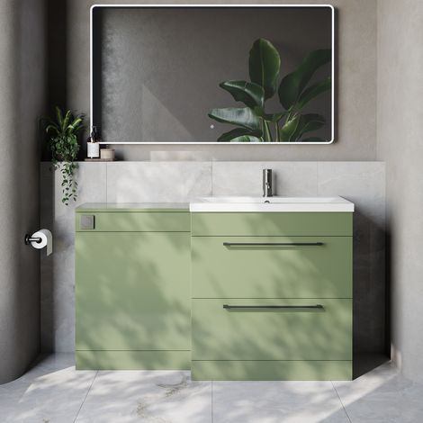 Napoli 390 Cento Olive Green 1400mm 2 Drawer Vanity Unit Toilet Suite with Glide Basin - 1400mm - Gunmetal Grey 480mm HandleWithout Kingston Toilet Pan