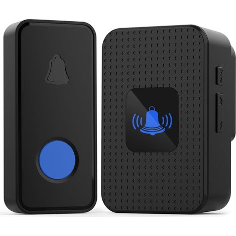 Sonnette sans Fil, Mini Sonnette de Porte IP55 Exterieur Étanche Kit de Carillon Electronique Portée 300M, 55 Mélodies au 5 Niveaux Volumes, LED Bleu pour Maison Bureau Hôtel Urgence, Noir