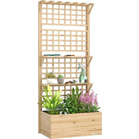 Soporte para plantas, construcción de madera, dimensiones 30 x 60 x 150 cm, doble estante, acabado natural, resistente a la intemperie. (1/5)