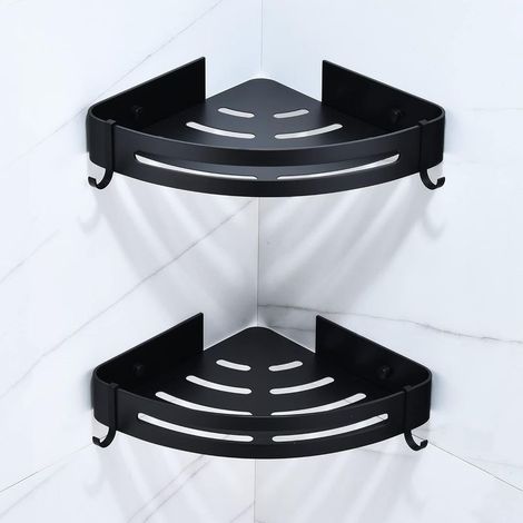 Etagere Salle de Bain Sans Percage, Étagère Murale Noire Douche Panier Rangement Angle Avec 4 Crochets Tablette D’angle Metal pour Rangement Douche, Étagère Cuisine (2 Niveaux) (1/2)