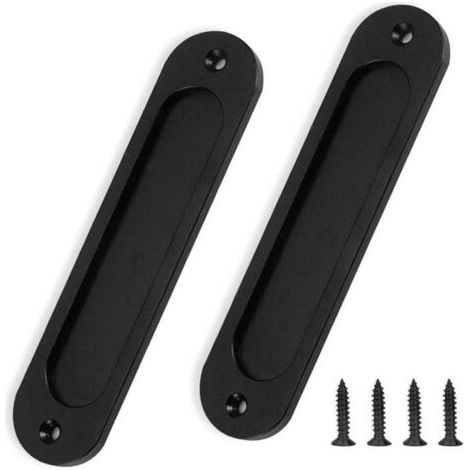 Pair Lot de 2 poignées de porte de grange - Noir mat - 15,2 cm - Rondes - Plaque plate encastrée - Poignées de porte coulissantes - Poignée en aluminium pour placards et tiroirs (1/4)