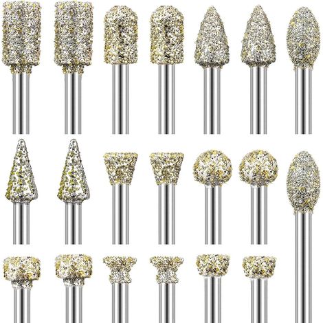 Diamant-Schleiffräser mit Körnung 60, 20-teiliges Diamantfräser-Set mit 1/8-Zoll-Schaft, universell einsetzbares Drehwerkzeug-Zubehör für Steinschnitzerei, DIY-Schleifen, Polieren, Gravieren (1/5)