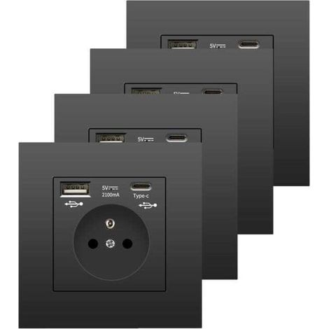 Lot de 4 prises murales USB & Type-C 5V 2,1A, compatible smartphone et tablette – Noir (1/5)