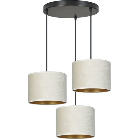 Lampadario Tondo 3 Luci Ganesha In Acciaio Nero E Paralumi In Tessuto Beige (1/5)