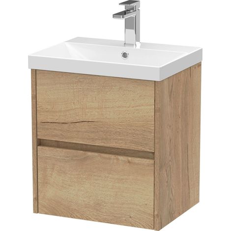 Chartley Contemporary 2 Drawer Wall Hung Vanity Unit with Thin Edge Basin, Autumn Oak, 500mm