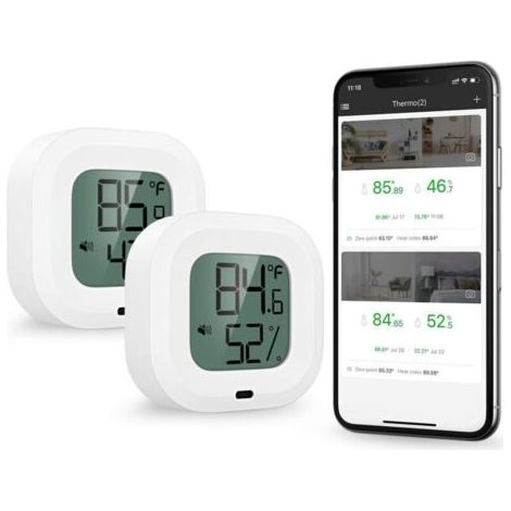 Bluetooth 5.0 Thermometer und Hygrometer, 2-teiliges Set, drahtlose App-Steuerung, präzises Temperatur- und Feuchtigkeitsmessgerät, Sensormonitor mit Display, Tasten und Alarmfunktion