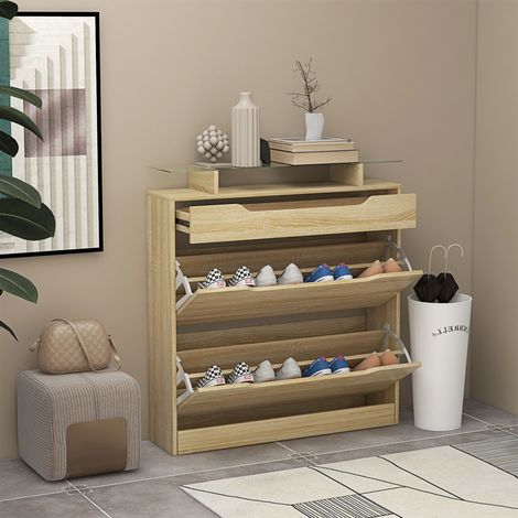 Armoire à Chaussures 2 tiroirs rabattables + 1 tiroir Coulissant + 1 comptoir et 1 Plateau en Verre étagère réglable (1/5)