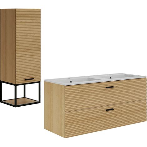 Mobile bagno sospeso rigato con lavabo da incasso e colonna con nicchia - 2 cassetti - Naturale chiaro - 120 cm - SARONE