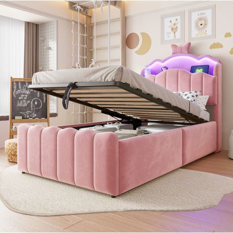 Lit coffre enfant 90x200 cm avec LED, USB et USB-C, rangement hydraulique et tête de lit coffrante, velours - rose (1/5)