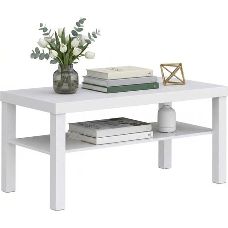 HOMCOM mesa de centro, mesa de café para salón con estante abierto, tablero grueso, para sala de estar, comedor, oficina, 90x45x44,5 cm, blanco