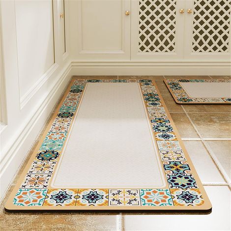 Non-slip and absorbent kitchen mat, Bohemian style diatomite kitchen mat, quick-drying runner rug, washable absorbent kitchen mat (Khaki color, 45x120cm)