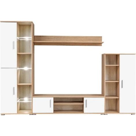 Meuble TV LED 4 pièces bois blanc et chêne clair Kynik 260cm (1/5)
