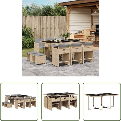 Gartentisch - 11-tlg. Garten-Essgruppe mit Kissen Beigemischung Poly Rattan (1/5)