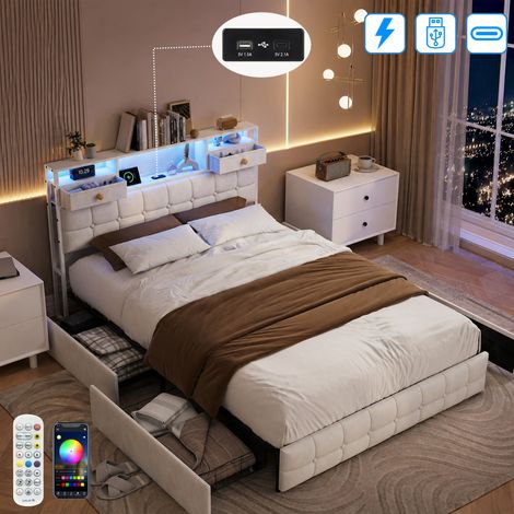 Lit Coffre 140×200 cm avec Ports USB et éclairage LED, Lit 2 Personnes avec 4 Grands Tiroirs, Tête de lit capitonnée avec Rangement, Structure en métal, Moderne, velours, Beige (1/5)
