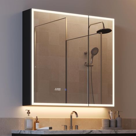 WOLTU Armoire Miroir LED dimmable, Alliage d'aluminium+Verre trempé, loupe 3x, multiprise, étagères réglables, 75x14,5x70cm, Noir (1/5)