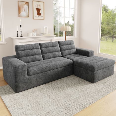 Canapé d'angle modulable 253x161x89 cm gris clair avec pouf, tissu chenille, 4-5 places MEUBLIV (1/5)