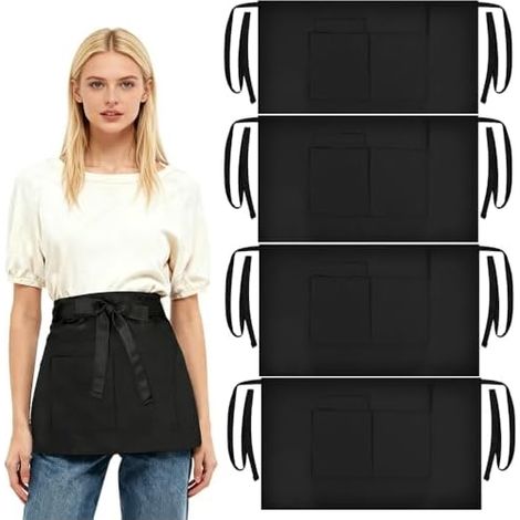 Lot de 4 Tabliers Noirs – 70×40 cm – Polycoton – Tabliers de Cuisine avec 3 Poches – Ceinture Longue Ajustable (max 90 cm) – pour Cuisine, Restaurant, Café, Barman, Jardinage – Lavable (1/5)