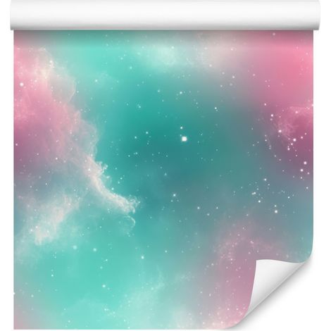 Papel pintado de galaxia en acuarela turquesa y menta para salón y dormitorio, 50x1000 mm (1/5)
