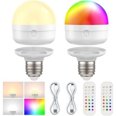Lot de 2 ampoules LED rechargeables avec télécommande, E27 à intensité variable, couleurs RVB avec batterie, 6 W Touch Control, batterie avec fonction de minuterie, lumière d'urgence avec aimant E27 ( (1/5)