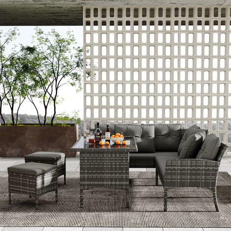Conjunto de jardín de ratán PE gris para 7 personas con sofás, mesa de vidrio templado, taburetes y cojines desenfundables (1/5)