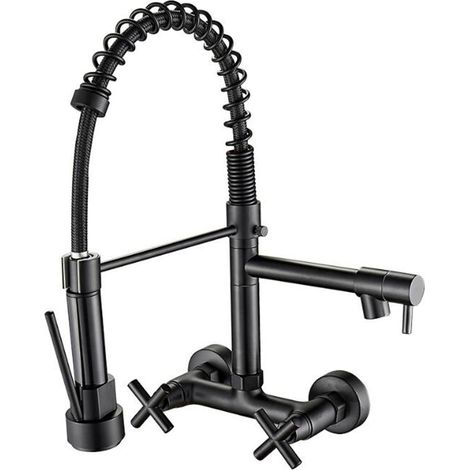 Robinet Mural Cuisine, Mitigeur Cuisine Laiton Pivotant Eau Froide et Chaude Robinet de Cuisine-Noir