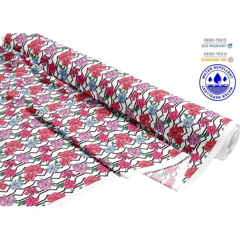 TESSUTI DECORATIVI PER ESTERNI OXFORD - Motivo fiori rosa su strisce geometriche I DR193 (1/5)