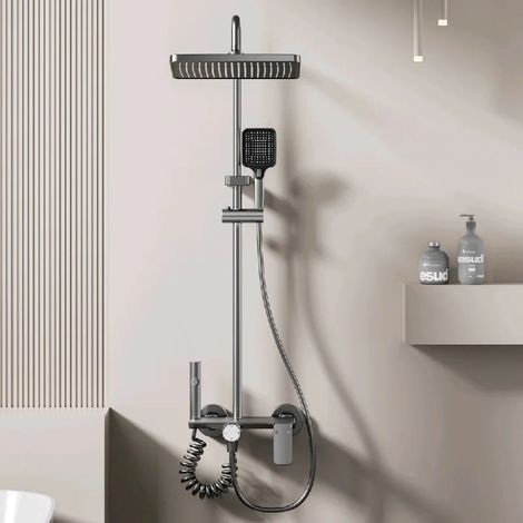 (Gris anthracite - 3079 - Expédié depuis la France continentale) Ensemble de douche multifonction pour salle de bain, eau chaude et froide, robinet rotatif, pressurisation, aluminium, gris anthracite (1/5)
