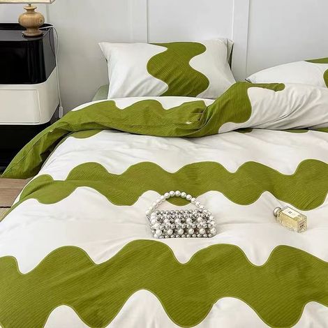 Ensemble de 4 pièces en coton lavable en machine pour lit de 180 cm – Housse de couette 180x220 cm, drap-housse et 2 taies d’oreiller – Motif vague verte moderne