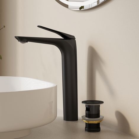 EVERSTEIN Wasserhahn Bad Waschtischarmatur Hoch Schwarz Matt, Waschbeckenarmatur für Aufsatzwaschbecken, Einhebelmischer, Messingkörper, Pop-up-Ablauf, Luftsprudler, G3/8-G1/2 (1/5)