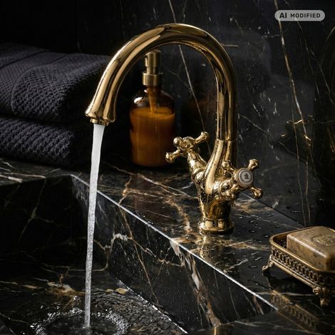 PaulGurkes Robinet de lavabo Robinet de cuisine Or Rétro Antique Mélangeur à deux poignées (1/5)