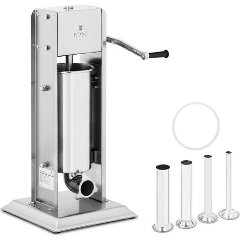 Royal Catering – Poussoir à saucisses vertical manuel 5 l – Acier inoxydable durable – 4 tubes de remplissage 16/22/32/38 mm – Mécanisme à deux vitesses (1/6)