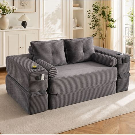 Sofá cama de corduroy para 2 personas, espuma alta densidad y muelles, gris oscuro (1/5)