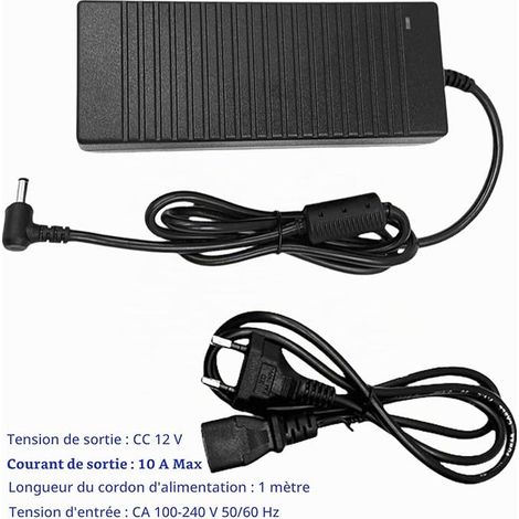 Adaptateur D'alimentation 12v, Bloc AC 100-240 V Vers DC 10 A, Transformateur Chargeur Pour Caméras, Bandes Led, Surveillance, Dvd, Tvs (1/2)