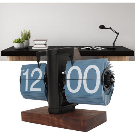 Automatische mechanische Klappuhr aus schwarzem Walnussholz – 12-Stunden-Modell mit PVC-Gehäuse und blauem Zifferblatt – Maße 14 x 20,5 cm, geeignet für Büro, Wohnzimmer und Vintage-Einrichtung.
