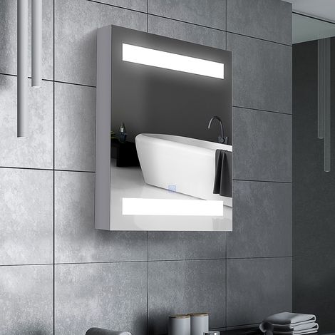Armoire Salle Bain Miroir Lumière Led Étagères Interrupteur Tactile Toilettes Chambre Mobilier Intérieur Blanc 50x15x60cm (1/4)