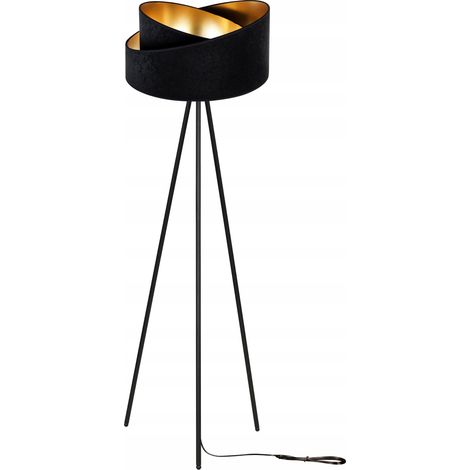 Stehlampe mit Dreibein, goldener Samt-Lampenschirm