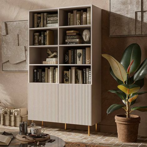 Librería Estarreja, estantería con compartimentos abiertos y dos puertas, elevada del suelo, 100x42 h177 cm, beige (1/5)