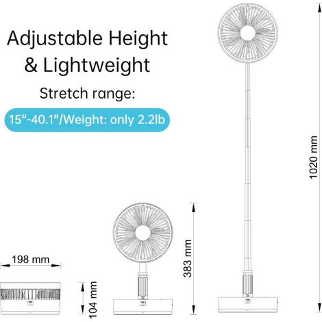 Tragbarer, faltbarer und oszillierender Standventilator mit Teleskopauszug, 4 Geschwindigkeitsstufen, Timer, 180°-Drehrichtungsumkehr, 7200-mAh-Akku, USB-C-Ladeanschluss, Fernbedienung und Standfuß (1/5)