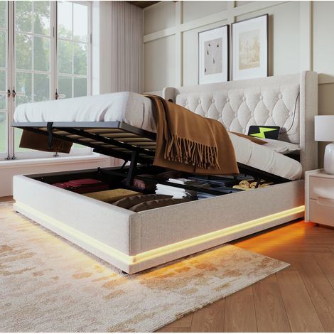 Cama abatible con almacenaje (106.05x51.44x13.97 cm), iluminación LED, puertos USB y Type C, acero, ámbar (1/5)