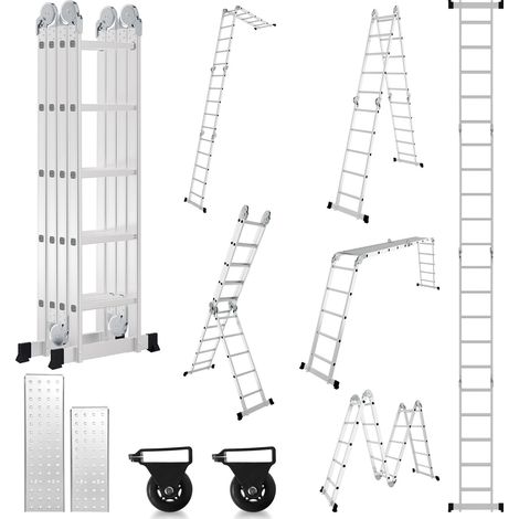 Jiubiaz Escalera articulada multiusos 7 en 1 de aluminio, 4x3 peldaños, aprox. 360 cm / 3,6 m, plegable, 2 plataformas + 2 ruedas, carga máxima 150 kg (1/5)