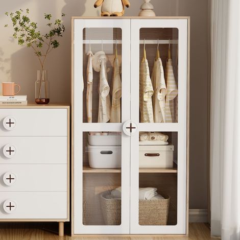 Armoire enfant 2 portes 80x50x150 cm, Penderie de rangement pour chambre de bébé, avec tringle et étagères modulables, Blanc et bois naturel (1/5)