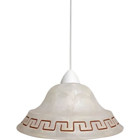 lampe à suspension/ lustre série Grecque effet marbre. Verre décoré avec motif style grec. Forme à cloche. Diamètre 30 cm. 1 x E27. Style Classique, traditionnel, rétro. Cusine, taverne (1/2)